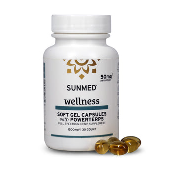 A white bottle labeled "Sunmed CBD Full Spectrum CBD Soft Gel Capsules" with three Full Spectrum CBD softgel capsules beside it.