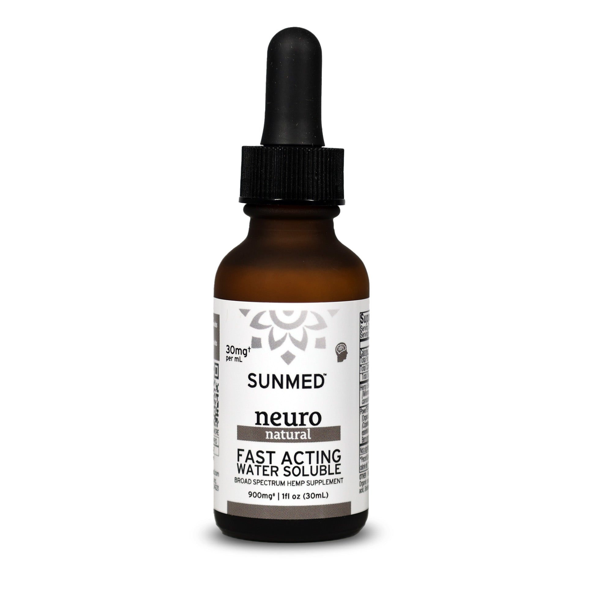 A 30ml bottle of Sunmed CBD Broad Spectrum Wellness CBD Water Soluble, 900mg, crafted with premium hemp extract for fast-acting relief.