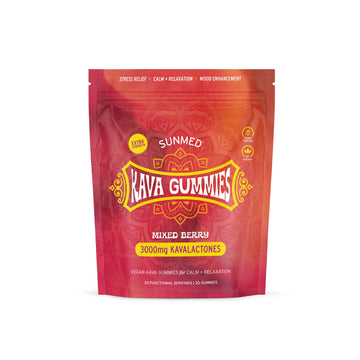 Sunmed CBD Kava Gummies, mixed berry flavor, deliver 3000mg kavalactones per pouch with kava root extract for relaxation in each orange-red package.
