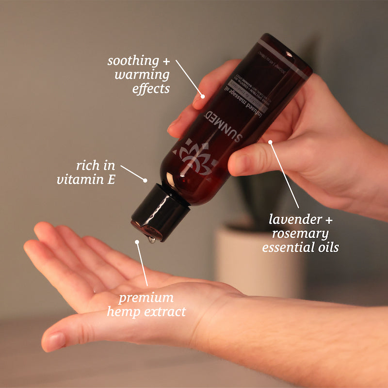 Hand applying Sunmed CBD's Broad Spectrum CBD-Infused Massage Oil, a luxurious blend featuring premium hemp extract, lavender and rosemary essential oils, and rich vitamin E for soothing effects.