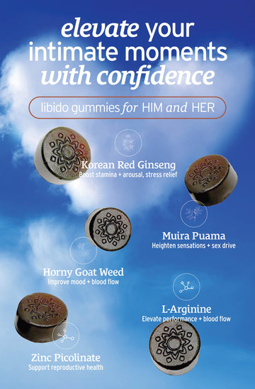 Libido Boost Gummies + THC by Sunmed CBD are displayed on a blue background, highlighting benefits for him and her with hemp extract aphrodisiacs.