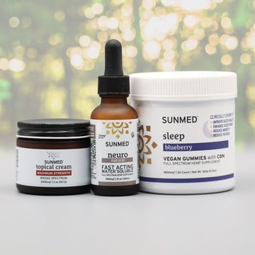 Sunmed CBD’s Broad Spectrum Sleep Gummies + Neuro Water Soluble + Topical Cream Bundle includes gummies for sleep, a fast-acting neuro tincture, and a soothing topical cream.