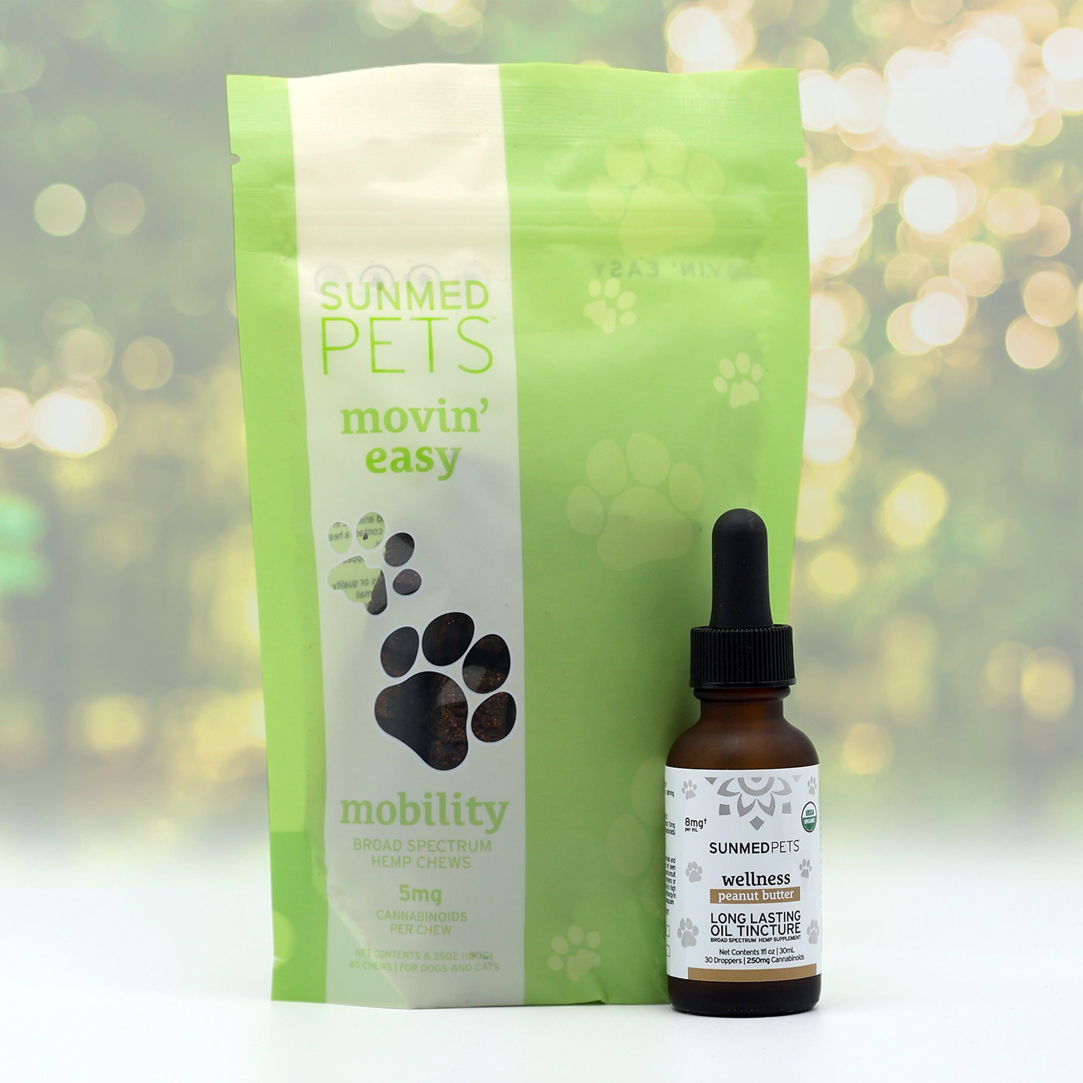 The Movin' Easy Pet Chews + Pet Tincture Bundle from Sunmed CBD includes chews and a tincture, both designed to support your pet's overall wellness.