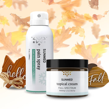 Sunmed CBD Full Spectrum Topical Cream + Menthol Spray Bundle—perfect for post-workout recovery and topical pain relief—displayed alongside wooden “hello” and “fall” signs, with autumn leaves in the background.