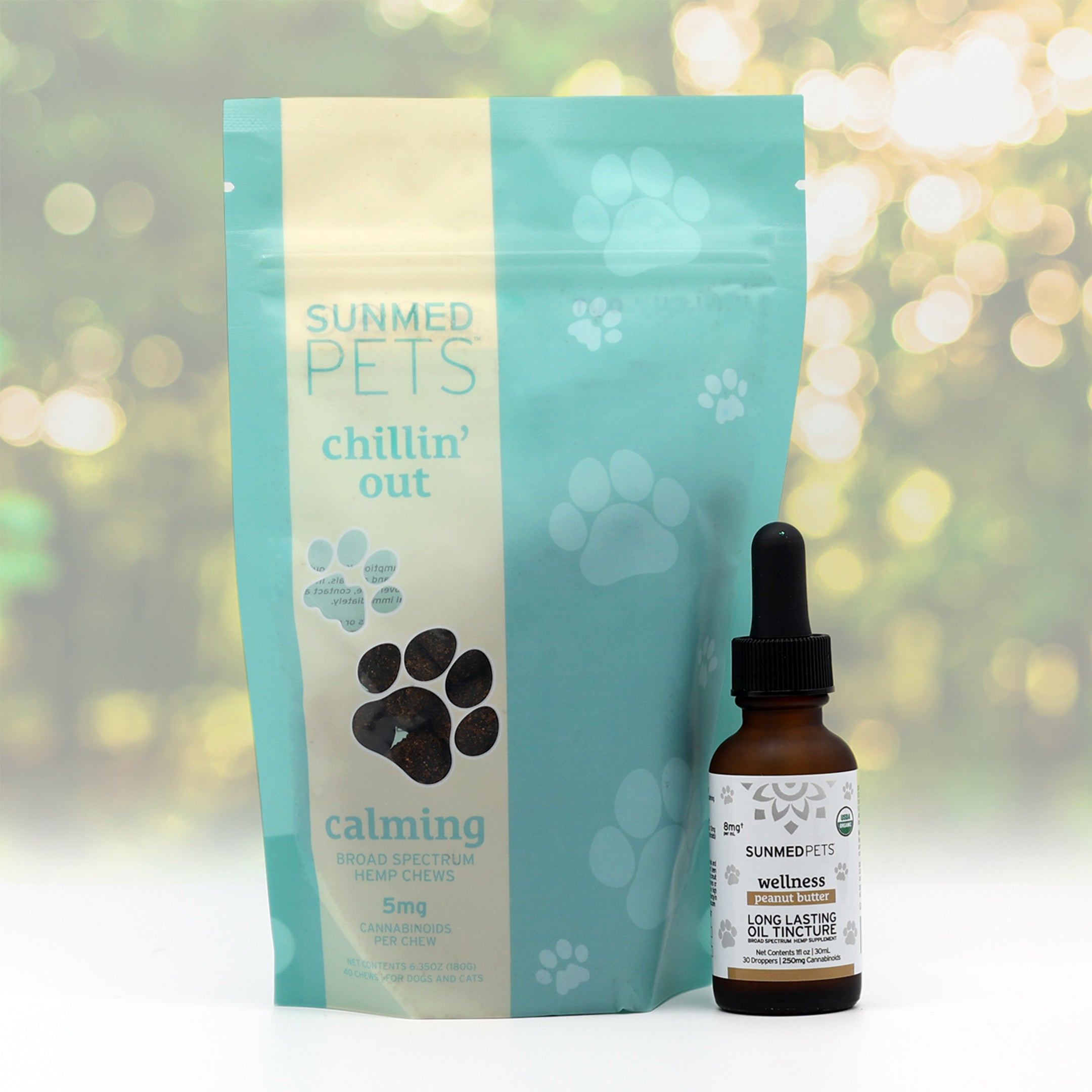 The Sunmed CBD Chillin' Out Pet Chews + Pet Tincture Bundle offers gentle anxiety relief for pets with tasty chews and an easy-to-use organic CBD tincture with dropper.
