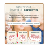 Three people smile above text featuring Sunmed CBD’s Beyond 1:1:1 Indica Live Resin Gummies, sleep support details, and illustrated serving size guidelines.