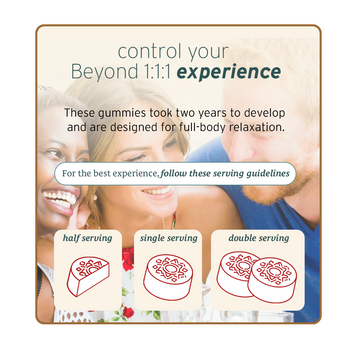Three people smile above text featuring Sunmed CBD’s Beyond 1:1:1 Indica Live Resin Gummies, sleep support details, and illustrated serving size guidelines.