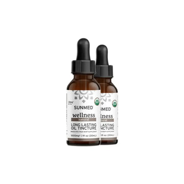 Two brown dropper bottles labeled “Sunmed CBD *20% Off* - 1000mg Broad Profile Tincture 2-Pack” on a white background.
