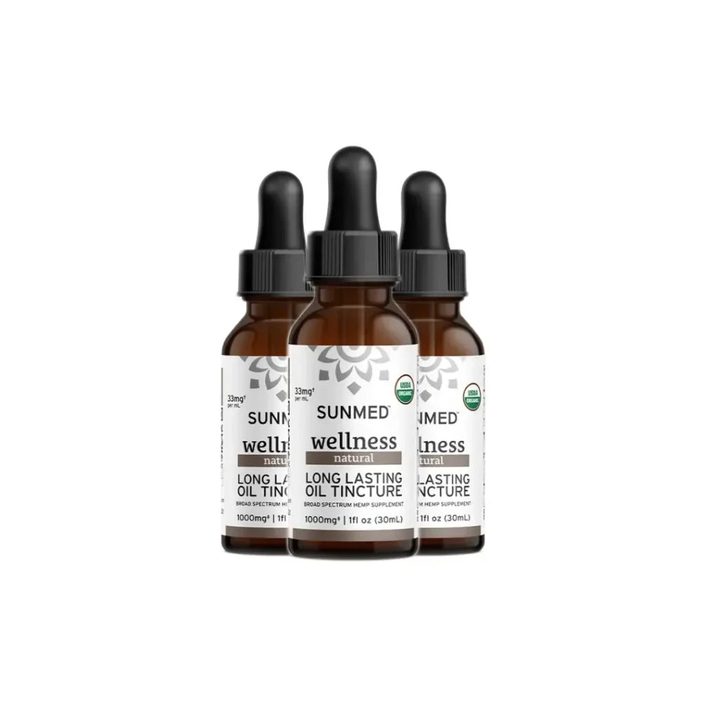 Three brown dropper bottles labeled “Sunmed CBD *30% Off* - 1000mg Broad Profile Tincture 3-Pack” on a white background.