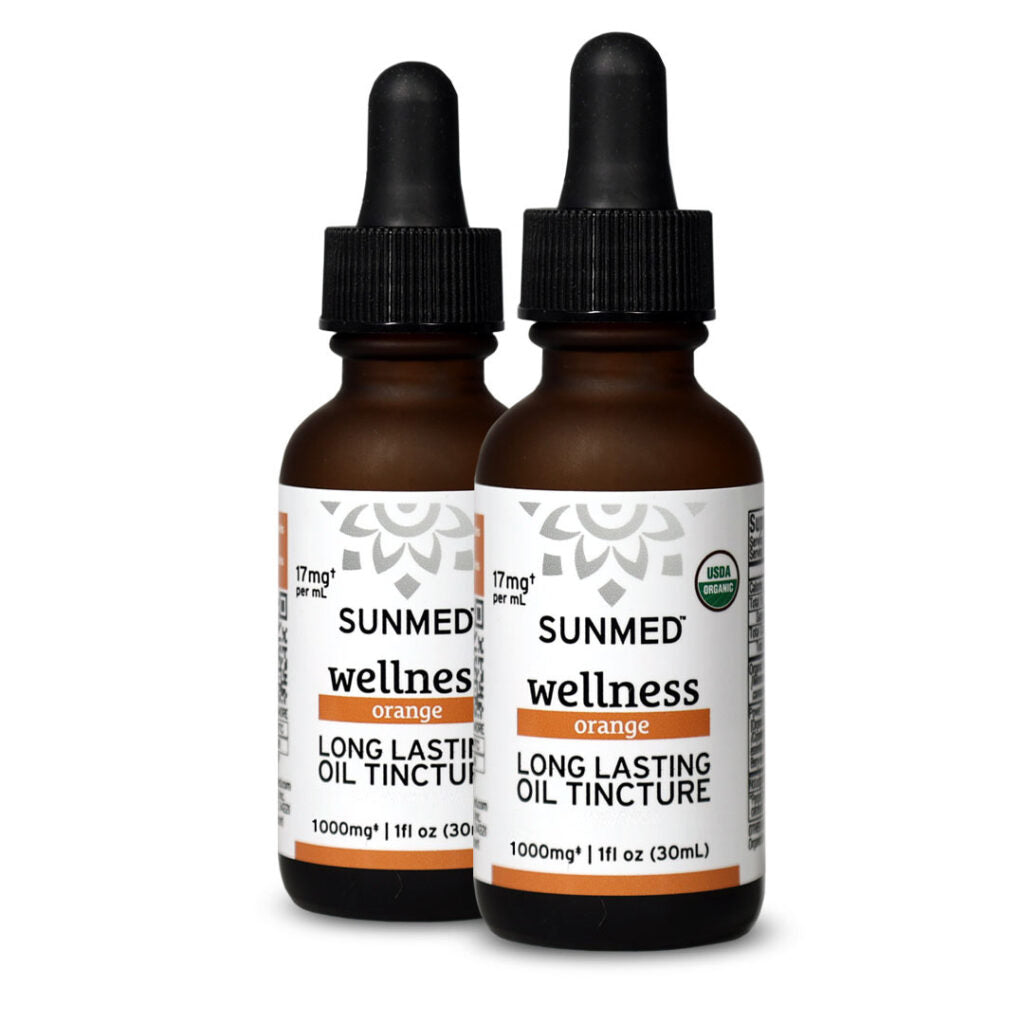 Two brown dropper bottles labeled “Sunmed CBD *20% Off* - 1000mg Broad Profile Tincture 2-Pack” on a white background.