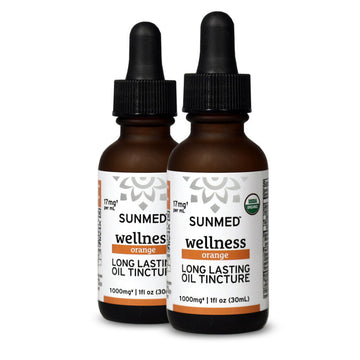 Two brown dropper bottles labeled “Sunmed CBD *20% Off* - 1000mg Broad Profile Tincture 2-Pack” on a white background.