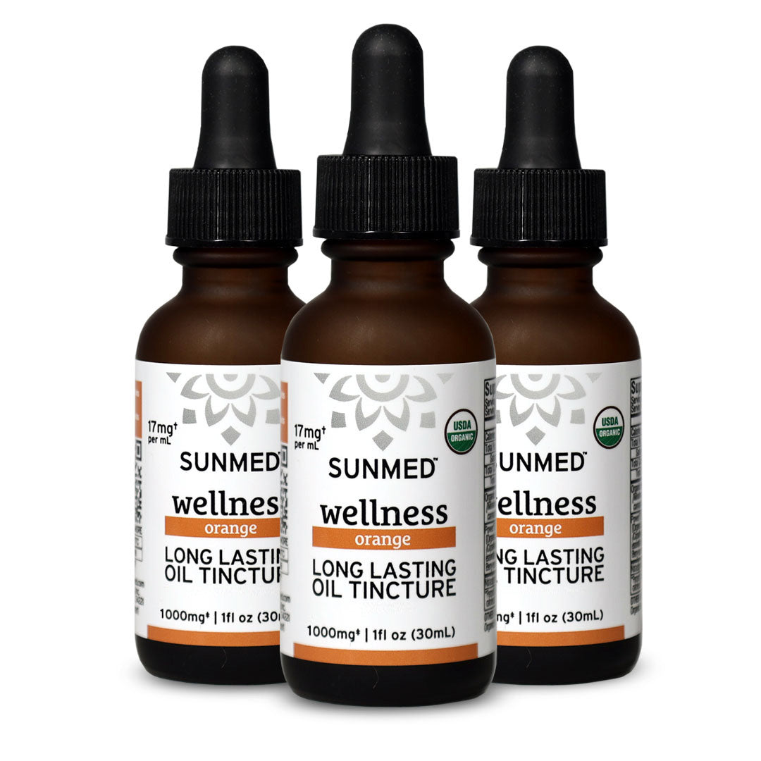 Three bottles of Sunmed CBD *30% Off* - 1000mg Broad Profile Tincture 3-Pack, each 1 fl oz (30 ml), are shown.