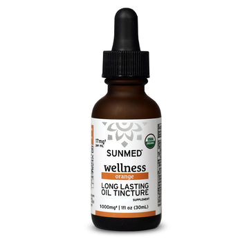 A bottle of Sunmed CBD *15% Off* - 1000mg Broad Profile Tincture with a dropper and product labels.