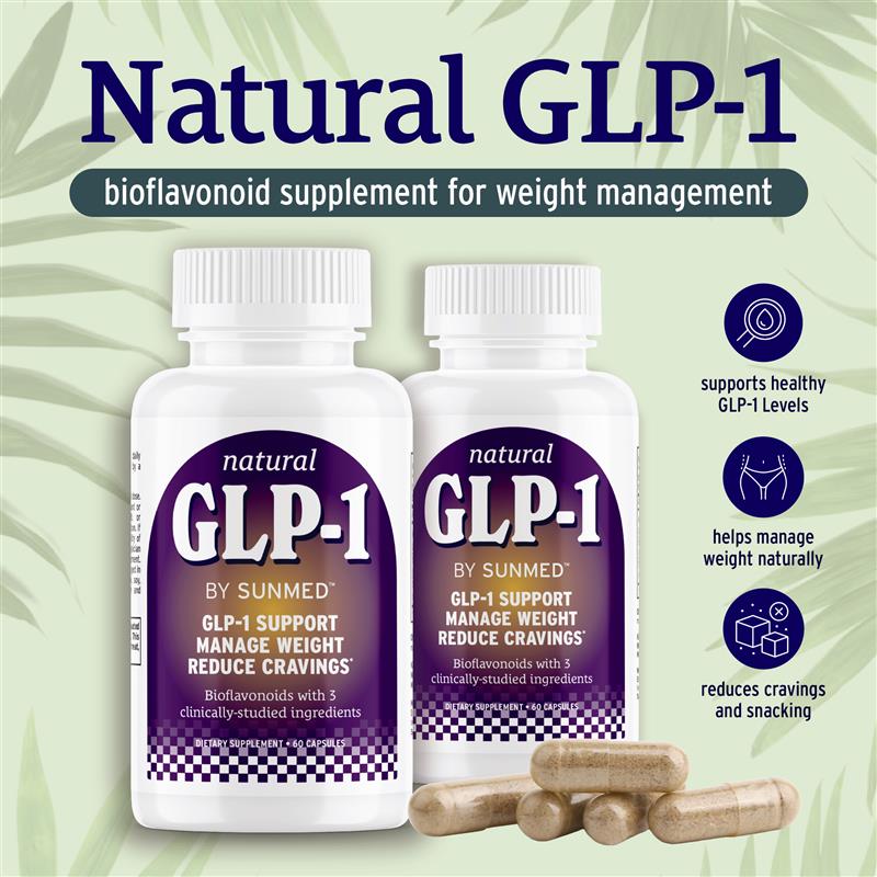 Two bottles and capsules of Sunmed CBD’s GLP1 Supplement for Weight Management & Cravings on a leafy background, emphasizing natural GLP-1 support to help reduce hunger and manage weight.