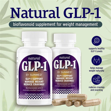 Two bottles and capsules of Sunmed CBD’s GLP1 Supplement for Weight Management & Cravings on a leafy background, emphasizing natural GLP-1 support to help reduce hunger and manage weight.