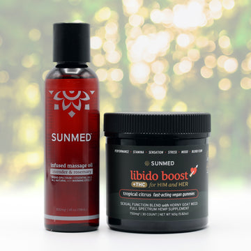 The Sunmed CBD Libido Gummies THC + Massage Oil Bundle sits on a white surface, ideal for enhancing your intimate wellness routine.