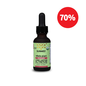 A bottle of Sunmed CBD Whole Plant Organic Full Spectrum CBD Tincture with a red "70%" discount graphic.