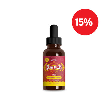 A bottle of Sunmed CBD Kava Water Soluble - Citrus with a dropper, sporting a red label and 15% discount badge. Made with water-soluble kava root extract for natural stress relief.