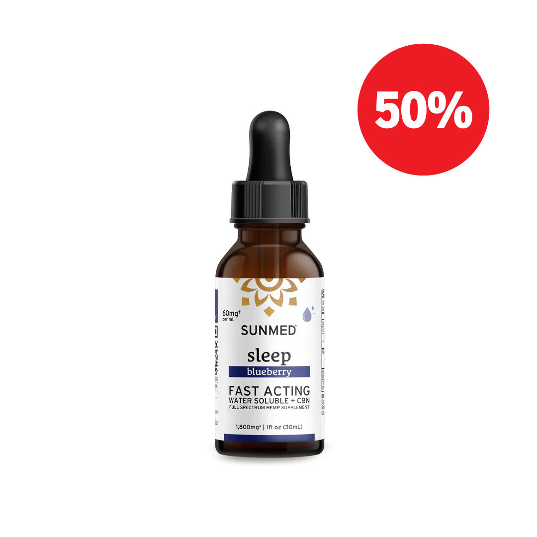 A bottle of Sunmed CBD Full Spectrum Sleep CBN Water Soluble with a dropper, featuring fast-acting hemp extract and a red “50%” discount graphic.