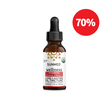 A bottle of Sunmed CBD Organic Full Spectrum CBD Tincture with hemp-derived cannabinoids, highlighted by a red "70%" discount label in the corner.