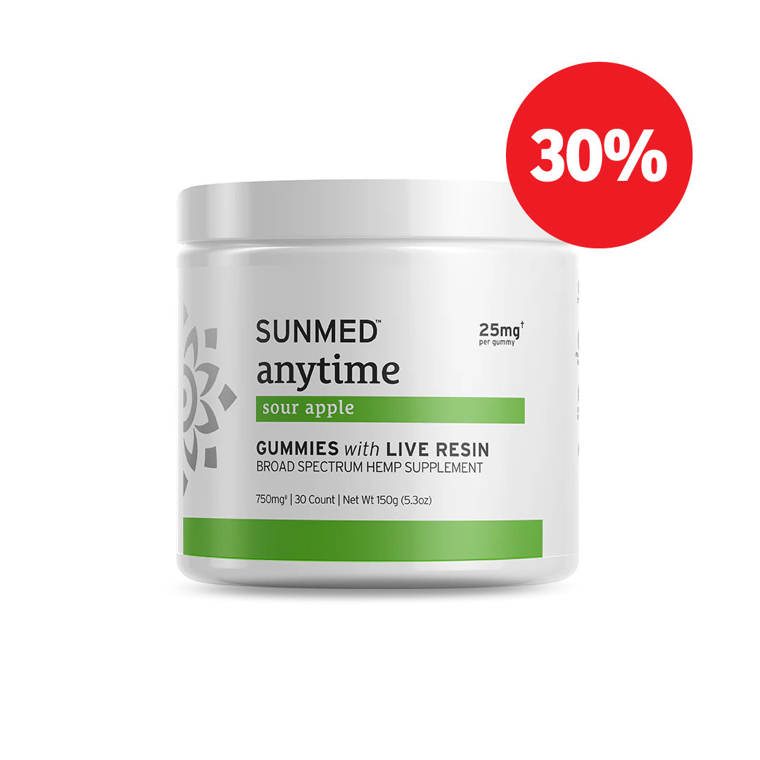 White jar of Sunmed CBD Broad Spectrum Anytime Gummies in sour apple flavor, with a red 30% discount badge in the corner.