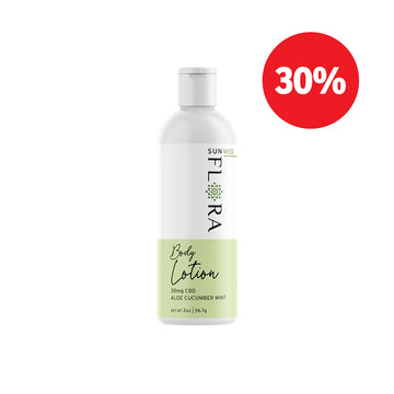 White bottle of Sunmed CBD Hemp Moisturizing Lotion with a red "30%" discount badge in the top right corner.
