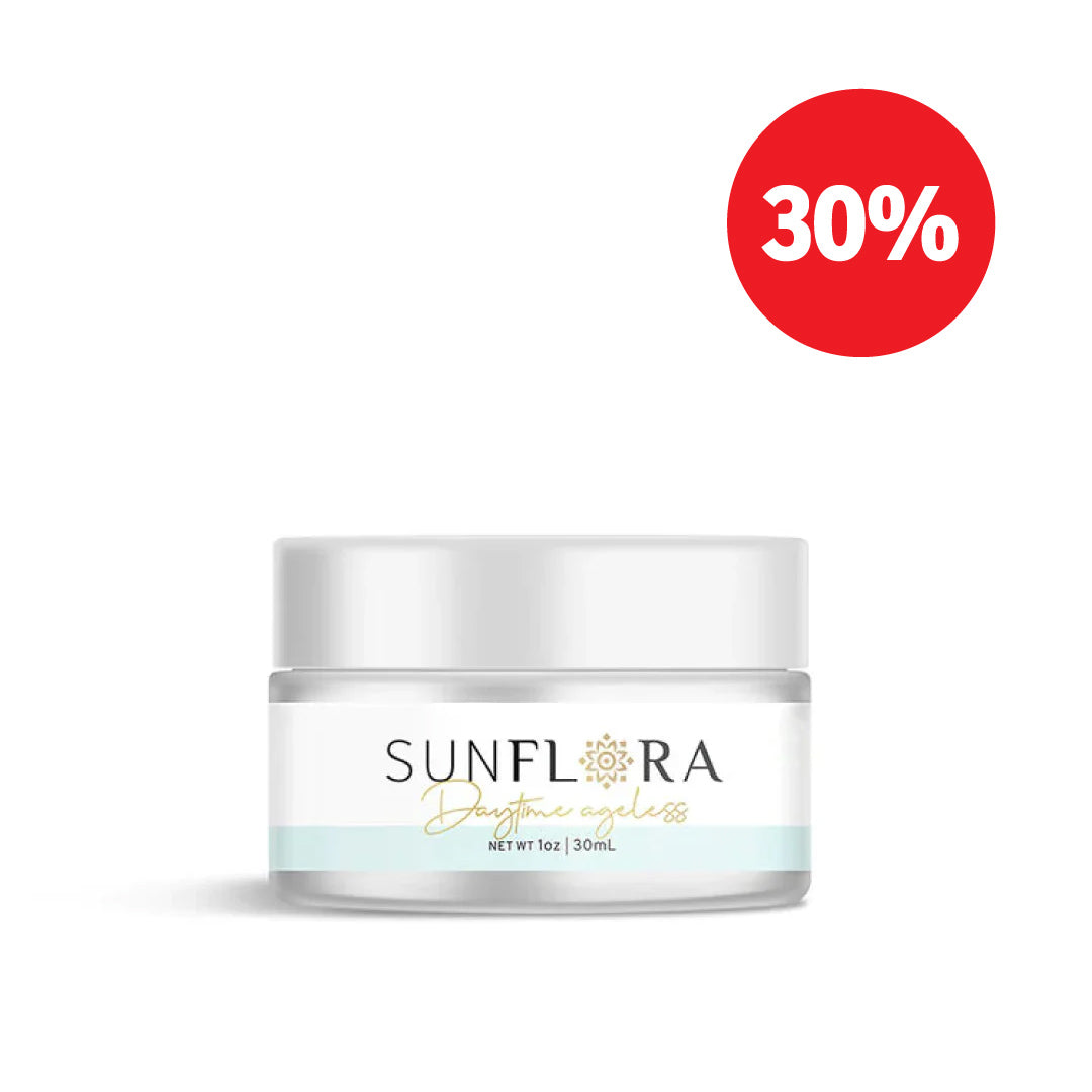 A Sunmed CBD Broad Spectrum Ageless Moisturizer cream jar with a red "30% OFF" label at the top right corner.