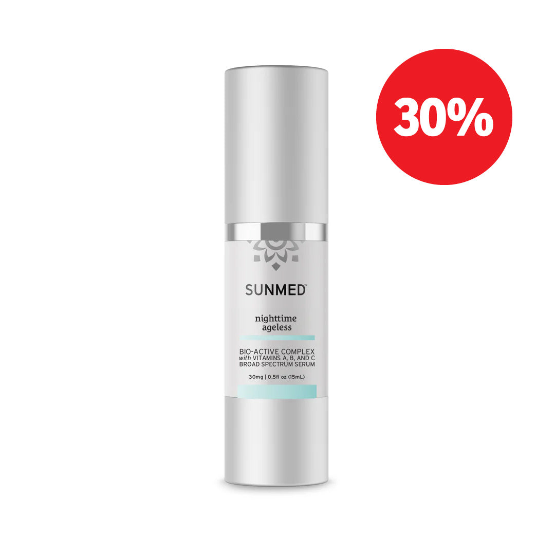 Sleek silver bottle of Sunmed CBD Broad Spectrum Nighttime Ageless Serum with a 30% off red badge—your luxurious, anti-aging skincare essential.