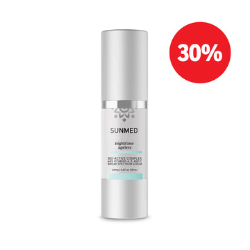 Sleek silver bottle of Sunmed CBD Broad Spectrum Nighttime Ageless Serum with a 30% off red badge—your luxurious, anti-aging skincare essential.