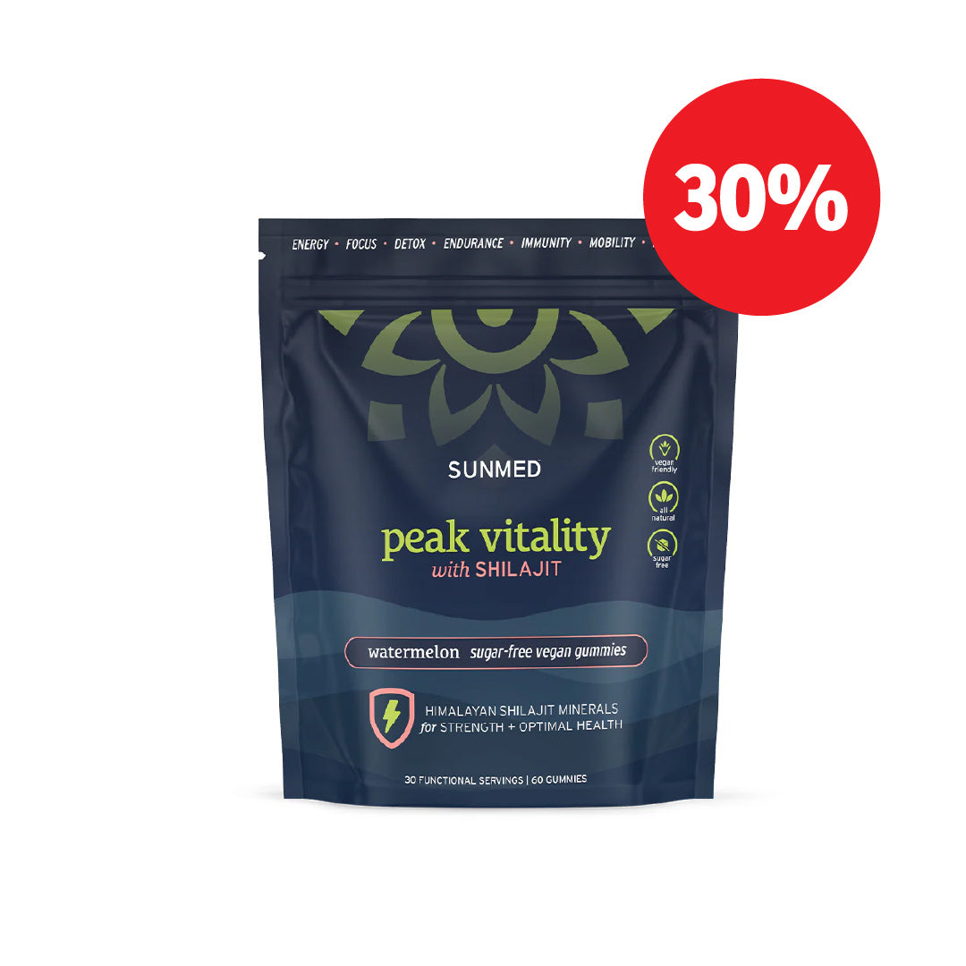 A bag of Sunmed CBD Shilajit Gummies, boasting Himalayan minerals and fulvic acid, displays a bold red "30%" discount badge.