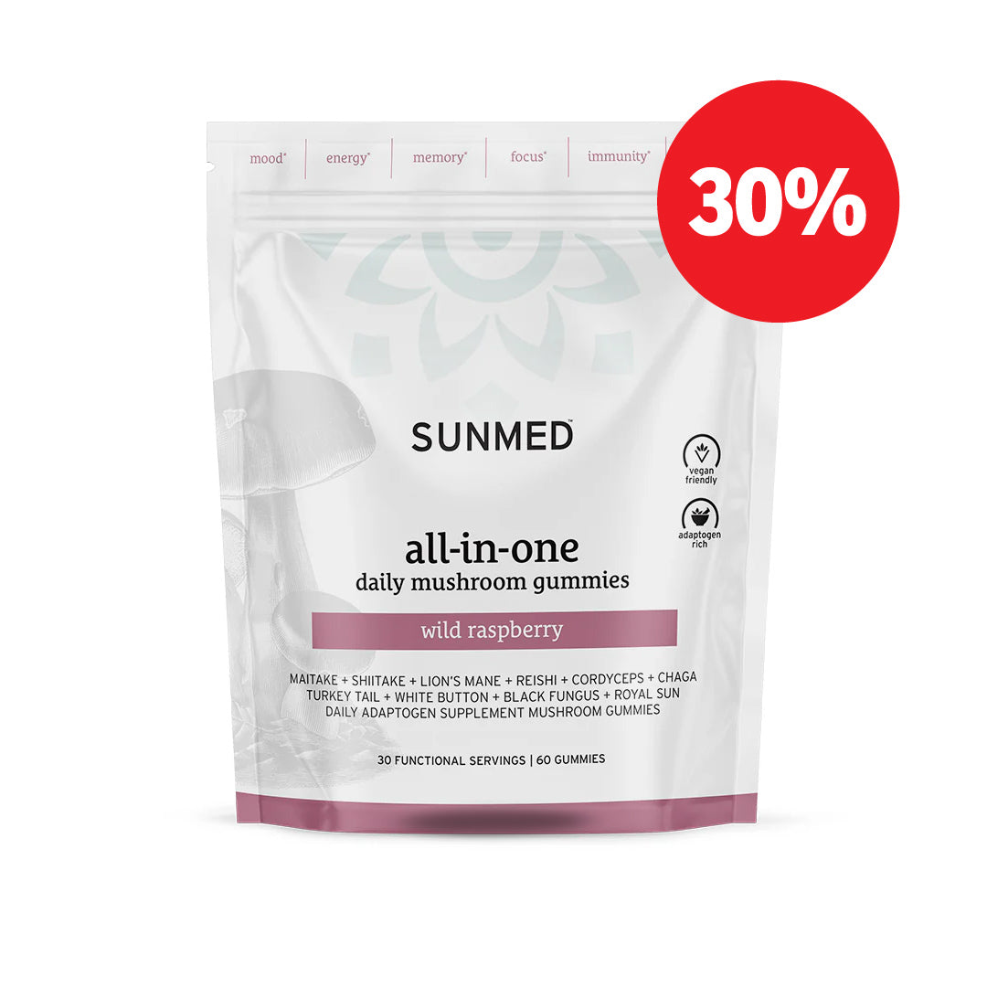 A bag of Sunmed CBD All-in-One Mushroom Gummies for immune support with a 30% off red badge on the top right.