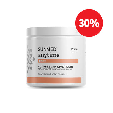 White jar of Sunmed CBD Broad Spectrum Anytime Gummies, peach flavor, with a red "30%" discount label on the top right.