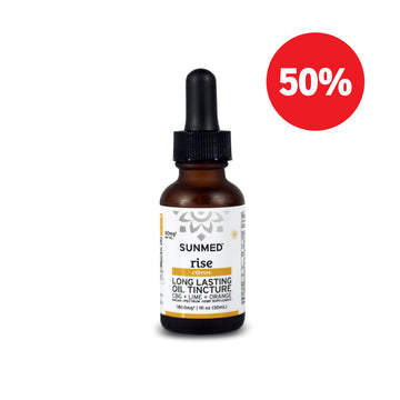A Sunmed CBD Broad Spectrum Rise CBG Citrus Tincture bottle with dropper, featuring a red 50% off badge.