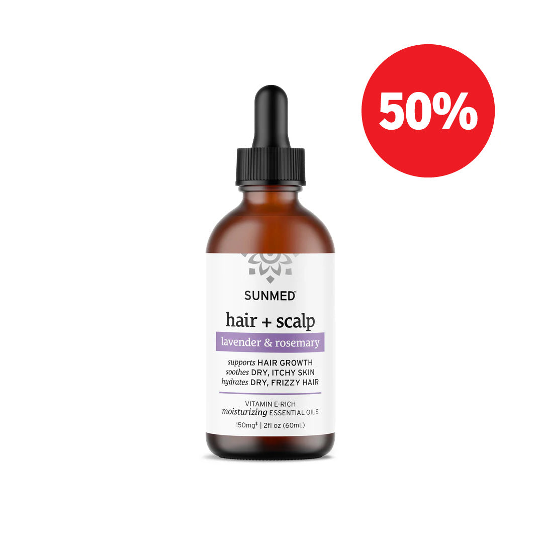 A bottle of Sunmed CBD Broad Spectrum CBD Hair + Scalp Oil with a 50% off label in the top right corner—ideal for nourishing your scalp and supporting healthy hair growth.