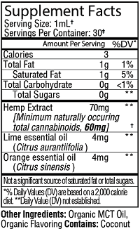 Supplement Facts label for Sunmed CBD Broad Spectrum Rise CBG Citrus Tincture; serving size 1mL, 30 servings per container. Features lime and orange essential oils—ideal for daily CBG use.