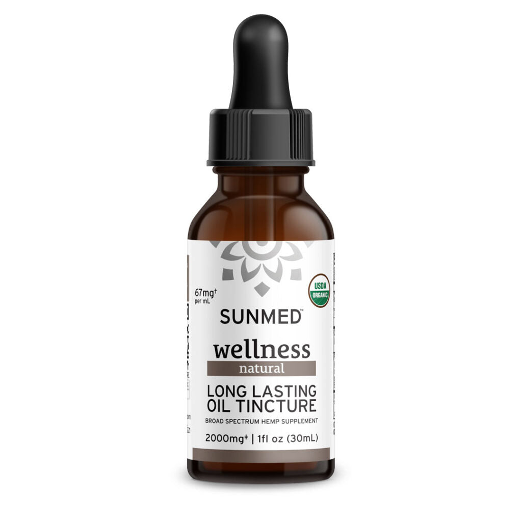 A brown glass dropper bottle labeled “Sunmed CBD *15% Off* - 2000mg Broad Profile Tincture, 30mL.”.