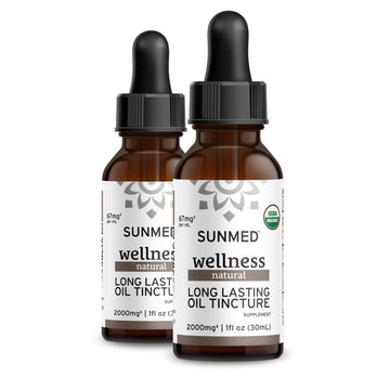 Two brown bottles labeled “Sunmed CBD *20% Off* - 2000mg Broad Profile Tincture 2-Pack,” each with a black dropper lid.