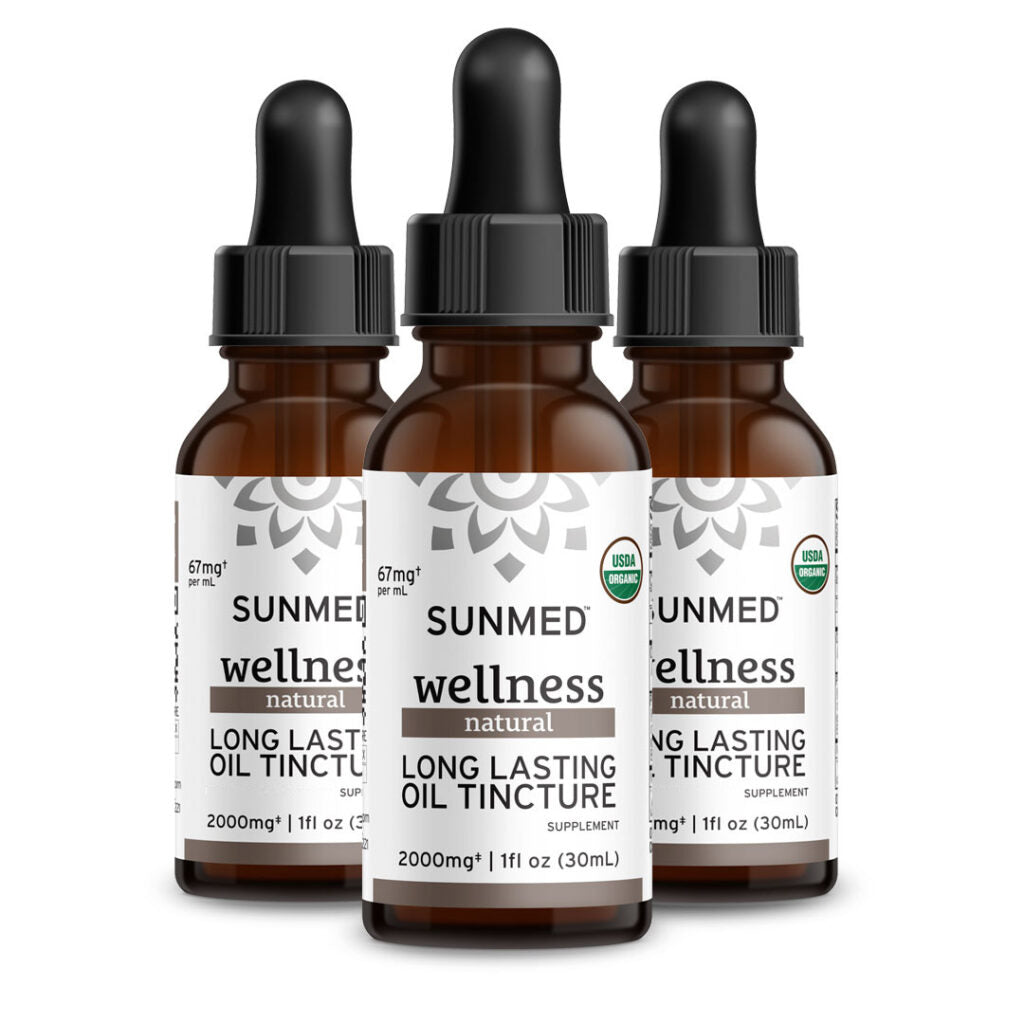 Three bottles of Sunmed CBD *30% Off* - 2000mg Broad Profile Tincture 3-Pack, each with a dropper cap and containing 1 fl oz (30ml).