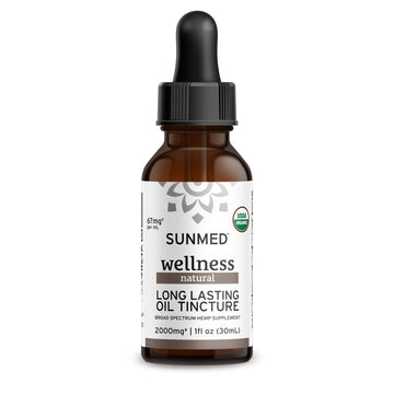 A brown glass dropper bottle labeled “Sunmed CBD *15% Off* - 2000mg Broad Profile Tincture, 30mL.”.