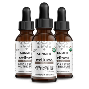 Three bottles of Sunmed CBD *30% Off* - 2000mg Broad Profile Tincture 3-Pack, each with a dropper cap and containing 1 fl oz (30ml).