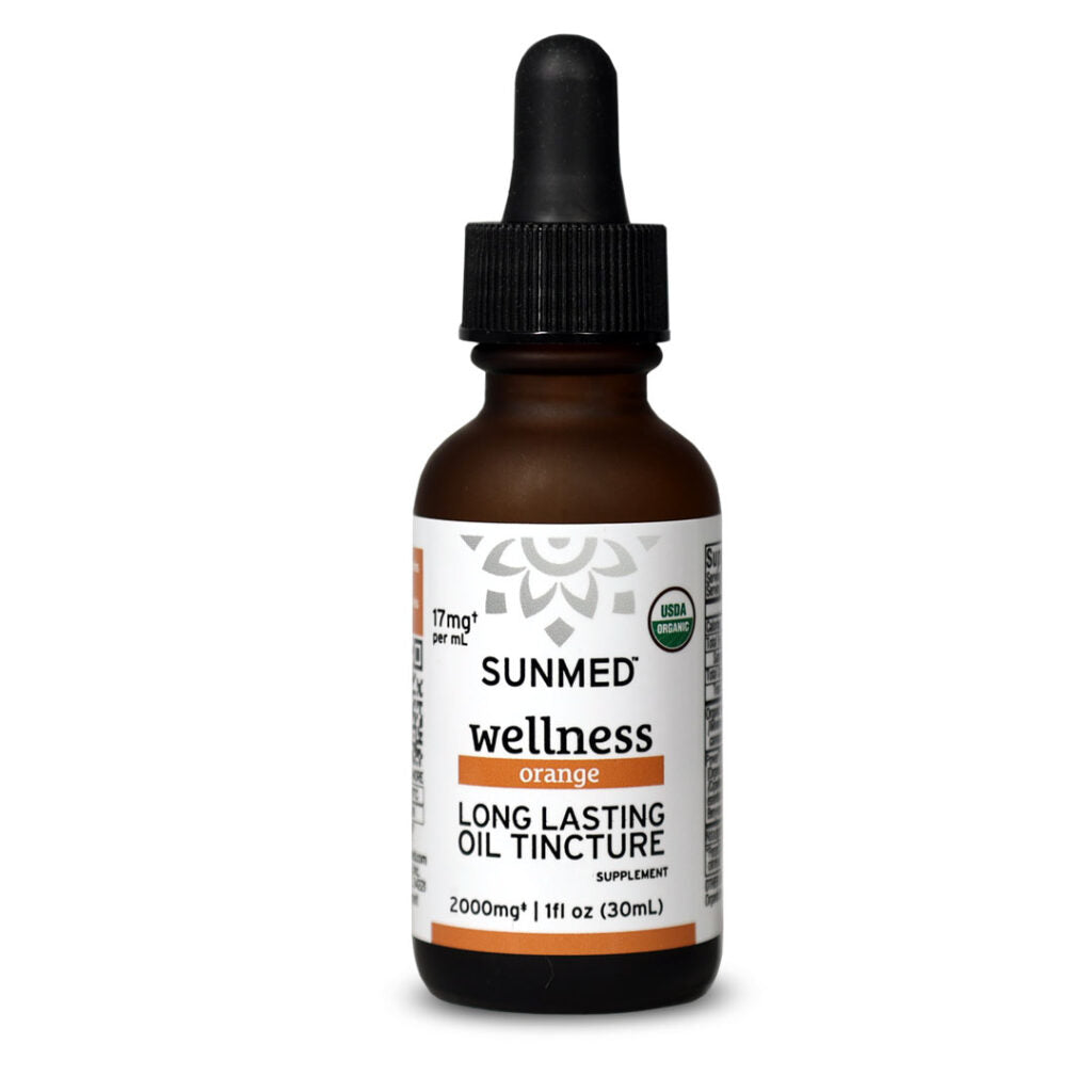 A brown dropper bottle labeled “Sunmed CBD *15% Off* - 2000mg Broad Profile Tincture.”.