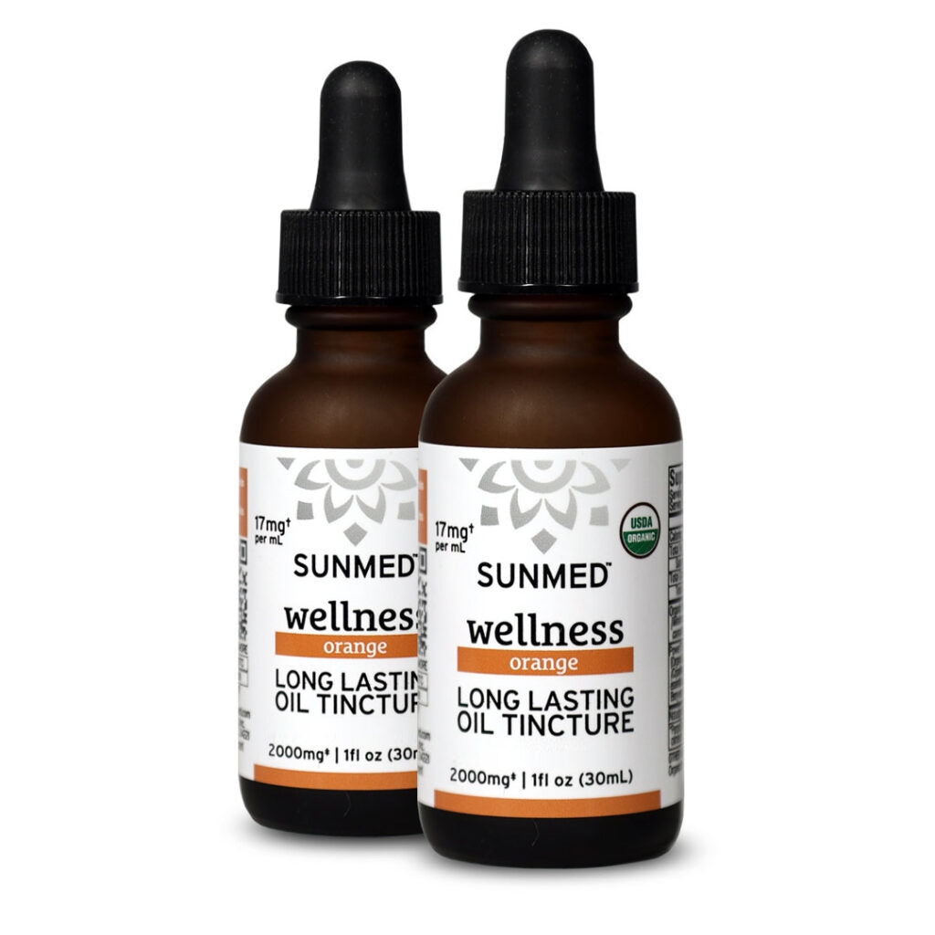 Two brown dropper bottles labeled “*20% Off* - 2000mg Broad Profile Tincture 2-Pack” from Sunmed CBD are shown against a white background.