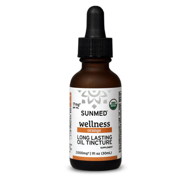 A brown dropper bottle labeled “Sunmed CBD *15% Off* - 2000mg Broad Profile Tincture.”.