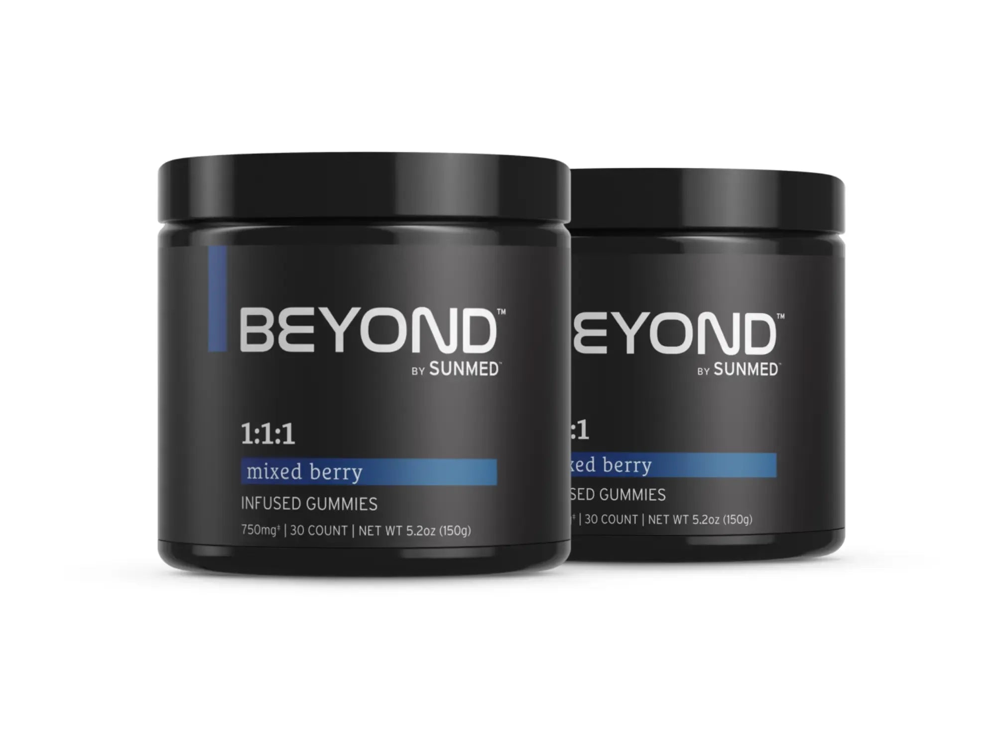 Sure! Here’s a rewritten sentence using the provided product data: Two jars of *20% Off* - 1:1:1 Indica Gummies 2-Pack by Sunmed CBD, featuring black containers with blue labels.