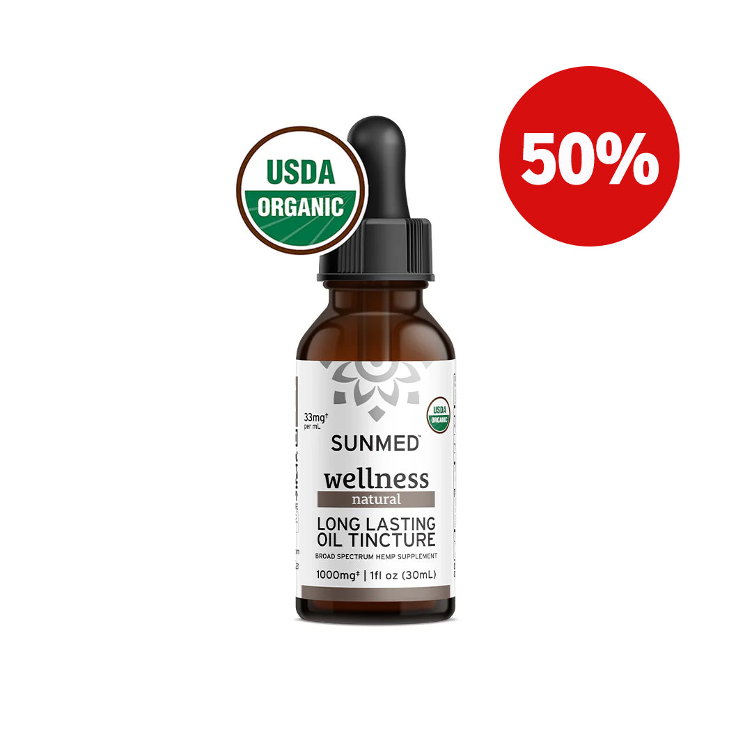 Sunmed CBD's Organic Broad Spectrum CBD Tincture features a 50% discount label and proudly displays the USDA organic logo, highlighting its meticulous organic production process.