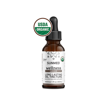 A bottle of Sunmed CBD Organic Broad Spectrum CBD Tincture with a USDA Organic seal, 1000mg, 30ml.