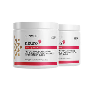Two white jars of Sunmed CBD *20% Off* - Full Profile Neuro Water Soluble Hemp Gummies 2-Pack, each with a pink label, placed side by side.