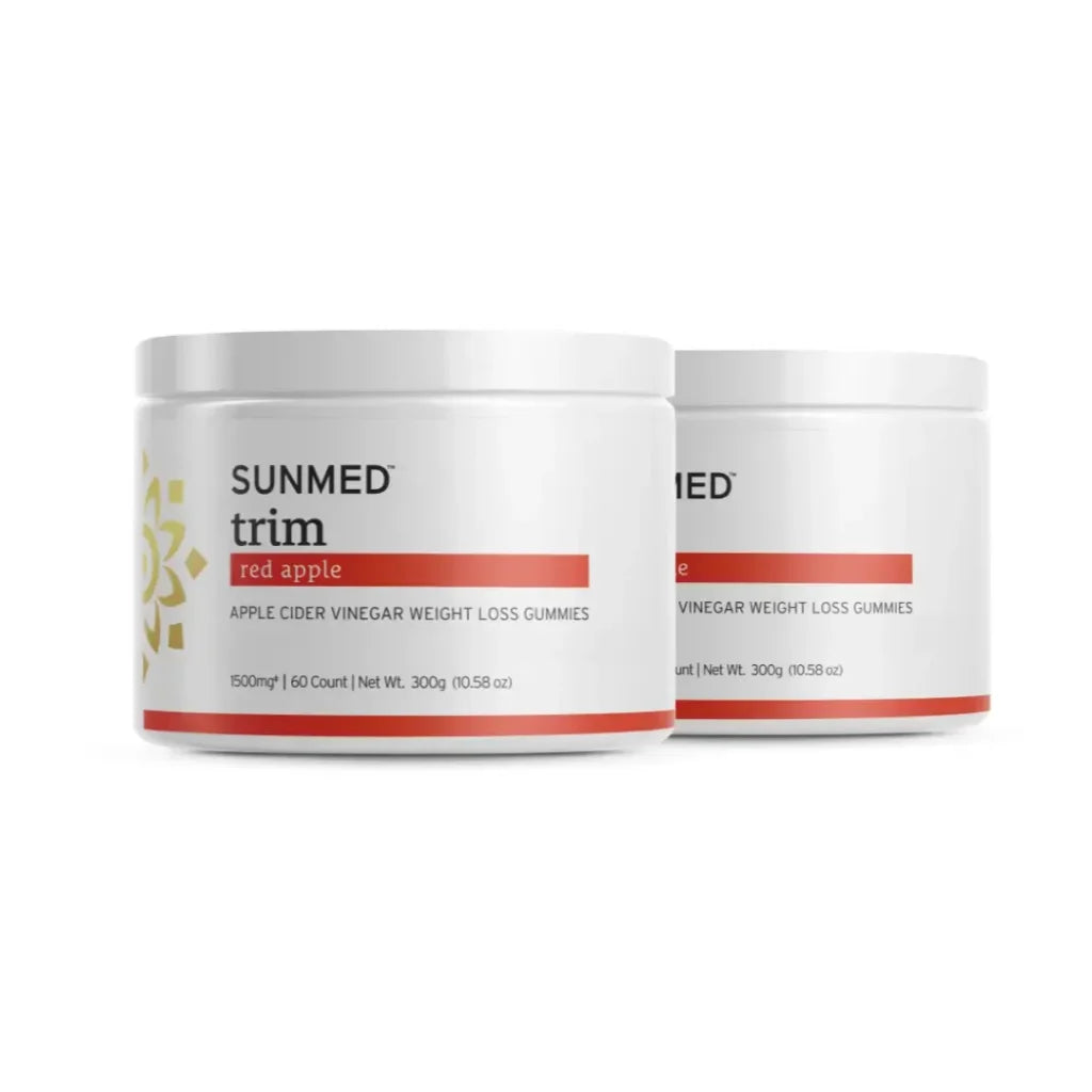 Two white jars labeled “Sunmed CBD *20% Off* - Full Profile Trim Gummies 2-Pack,” side by side.