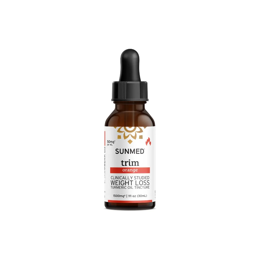 A bottle of Sunmed CBD *15% Off* Full Profile Trim Tinctures for weight loss, featuring a dropper cap.