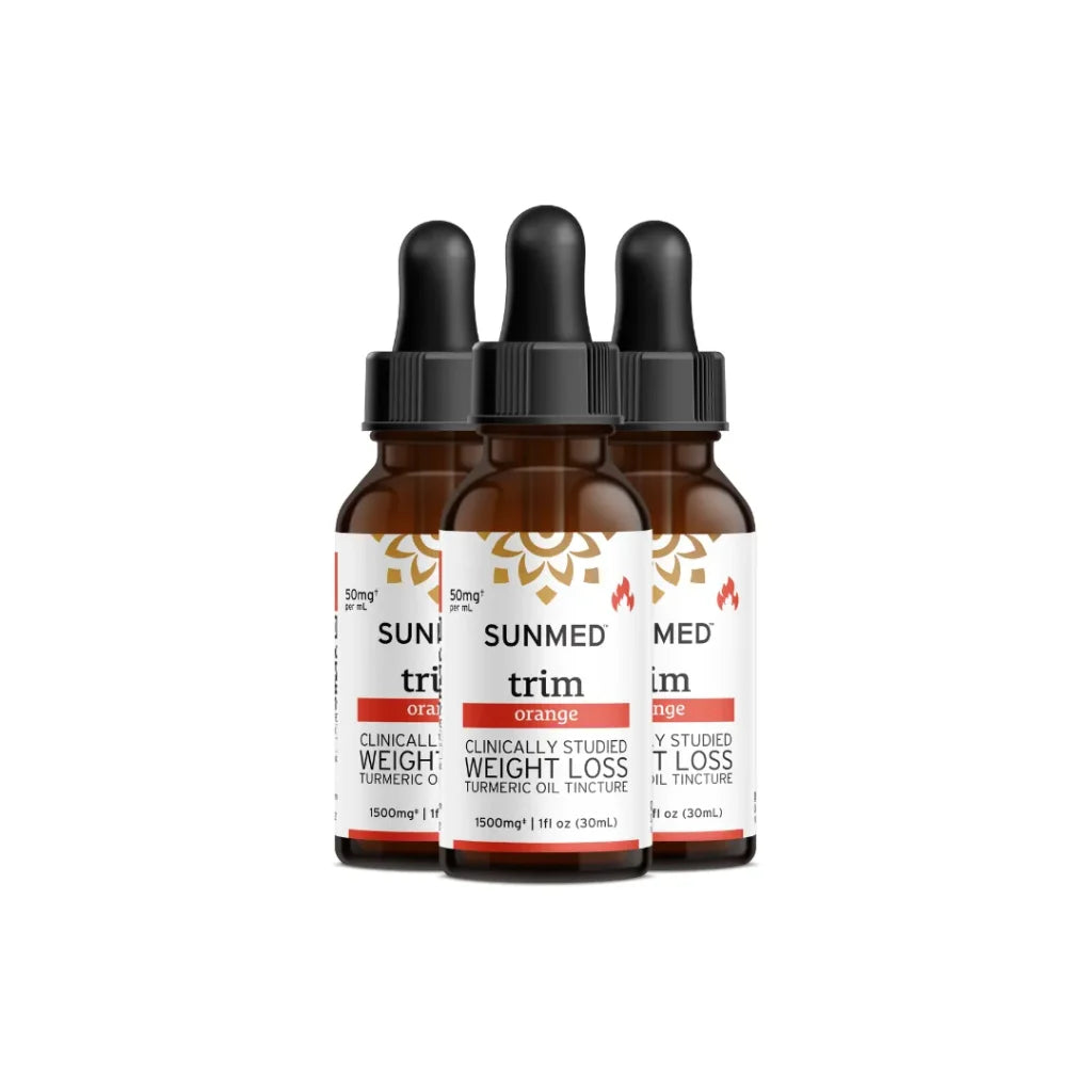 Three brown dropper bottles labeled “Sunmed CBD *30% Off* - Full Profile Trim Tinctures 3-Pack” on a white background.